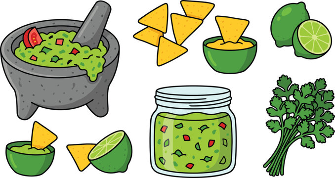 Guacamole and Nachos Icon Set with Avocado Dip, Tortilla Chips, Lime, Cilantro, and Salsa Jar for Mexican Food and Snack Design