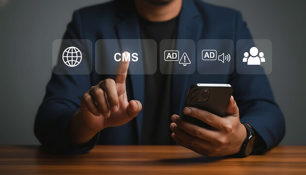 Businessman using smartphone and digital cms interface for online marketing content management system