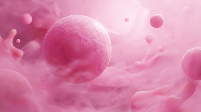 A vibrant pink microscopic view of cells and particles suspended in a soft, illuminated liquid environment.