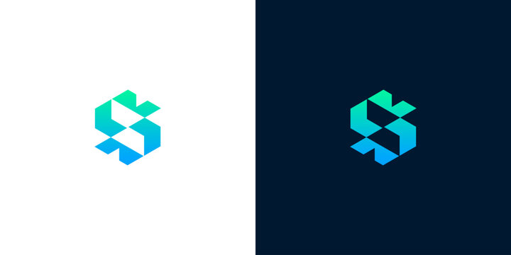 Modern abstract geometric 'S' initial logo design with vibrant gradient on white and dark backgrounds