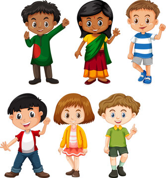 Diverse kids, cartoon children, multicultural group, vector illustration, kids waving