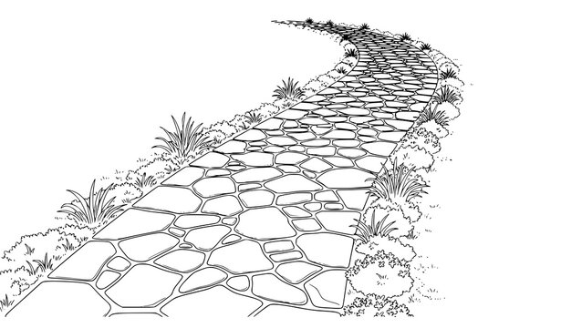 A black and white vector illustration of a stone pathway with grass