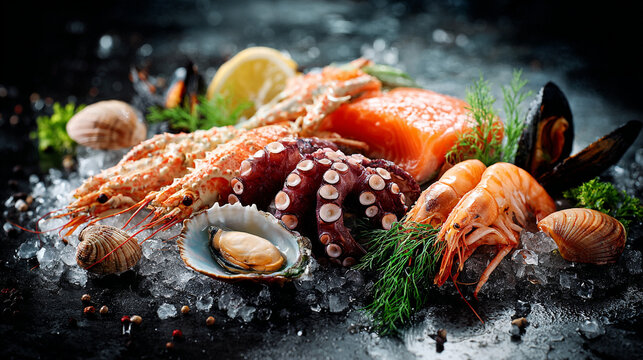 Fresh raw seafood platter with octopus shrimp salmon and shellfish on ice with herbs shellfish rosemary