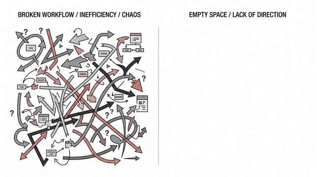 Business workflow diagram showing transition from chaos and inefficiency to empty space.