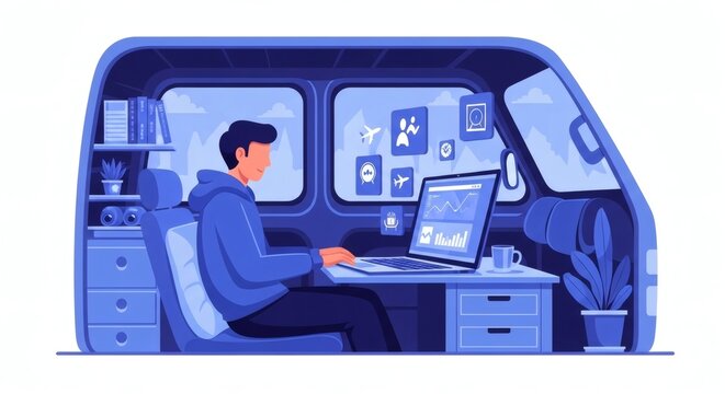 Man working remotely on laptop inside a converted van with office setup and plants symbolizing digital nomadism and freelance lifestyle