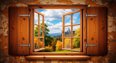 Obraz premium Rustic wooden window with open shutters showing a scenic view of a castle