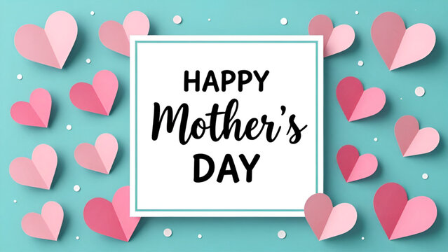 Mother's Day festive square greeting card or social media post template with hand-drawn typography. Happy Mother's Day calligraphy lettering on blue background with realistic pink paper hearts.