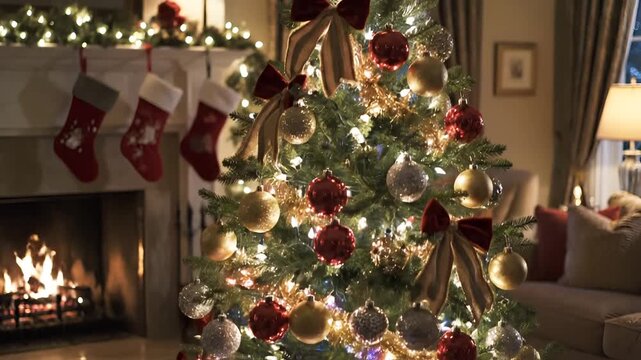 Cozy Christmas Eve Scene With Decorated Tree and Fireplace.