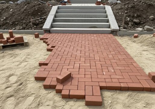 construction site with brick pathway and concrete stairs
