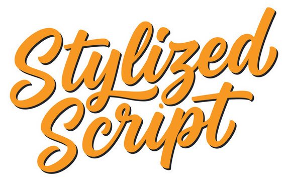 Orange stylized script lettering spelling Stylized Script with a dark shadow effect against a white background font text typography graphic design handwritten calligraphy