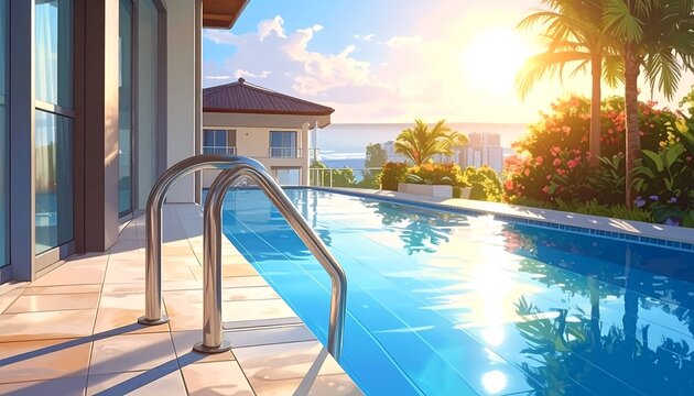 Animated depiction of an outdoor pool overlooking a serene ocean view under a brilliant sunlit sky with palm trees