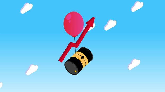 Rising Oil Prices Concept with Oil Barrel, Red Balloon, and Upward Growth Arrow 3d animation cartoon