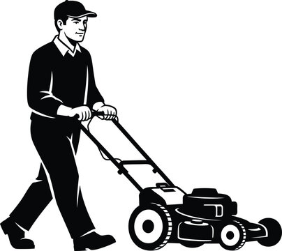 Man pushing lawn mower isolated on white background