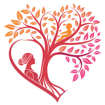 Stylized heart tree with mother and baby silhouette.