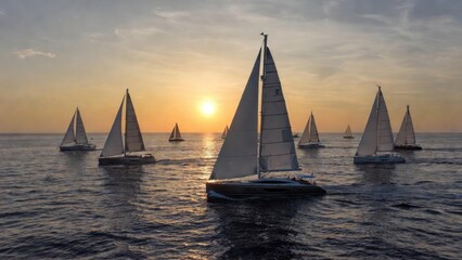 Fototapeta premium Sailboats sailing at sunset across calm sea near horizon in evening light