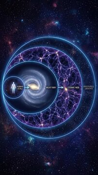 Diagram visualizing universal scale, showing human dimension, spiral galaxy formation, vast cosmic structure, and entire observable expanse of space.