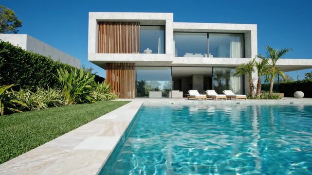 Modern Home Facade Neat Garden Clear Pool Simple Geometry Clean High End Composition Aesthetic