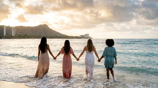 A powerful lifestyle shot of four women holding hands as they enter the sea during a serene sunrise in Hawaii, symbolizing unity, friendship, and spiritual renewal.