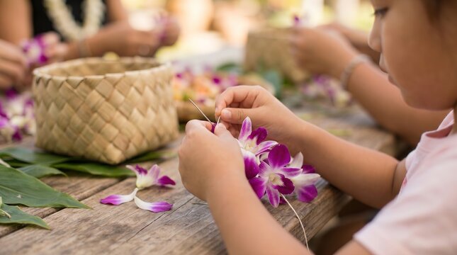 A heartwarming close-up capturing a child's hands carefully creating a traditional Hawaiian lei from fresh orchids during an authentic island craft workshop.