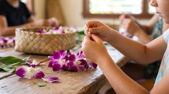 A heartwarming close-up capturing a child's hands carefully creating a traditional Hawaiian lei from fresh orchids during an authentic island craft workshop.