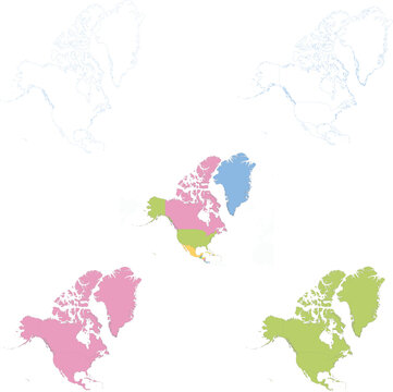A versatile collection of North American maps featuring detailed outlines, regional color-coding, and solid silhouettes for geographic design projects.
