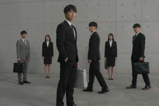 business people standing in front of a building