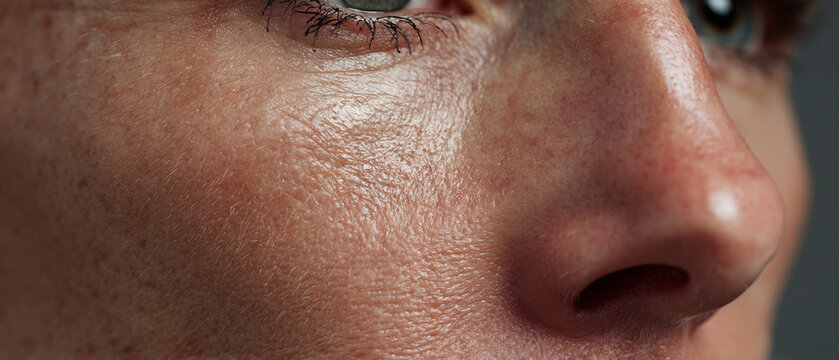 Extreme close-up of human facial skin showing freckles pores and natural texture in detailed view