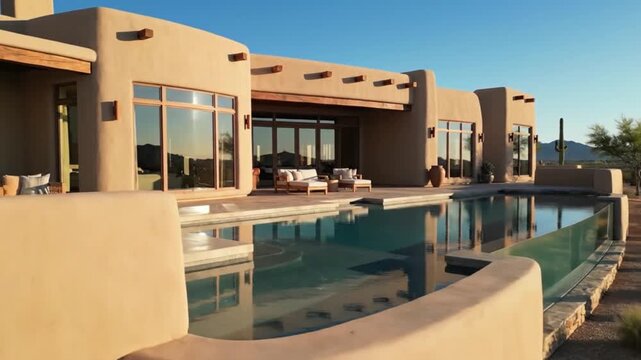 Contemporary Adobe Style House Subtle Curves Natural Tones Bright Clean Commercial Composition