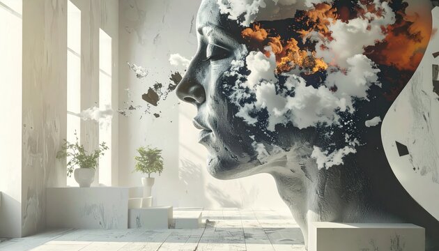 Abstract Mindscape - Conceptual Head with Cloud and Fire Elements.