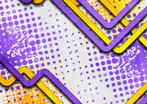 Violet and yellow stripes and grunge halftone dots on light grey background. Vector geometric retro design