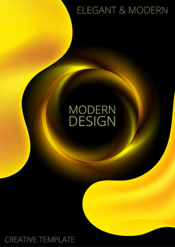 Luxury abstract background with golden fluid waves and glowing circular frame. Vector flyer template design