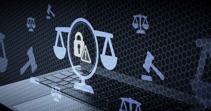 Digital legal concept with scales of justice and a security lock warning symbol hovering over a laptop keyboard representing cybersecurity and internet law regulations