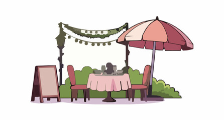 Fototapeta premium Romantic outdoor cafe table for two with lights umbrella and signboard night park terrace vector illustration on white