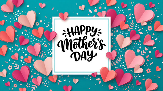 Mother's Day festive square greeting card or social media post template with hand-drawn typography. Happy Mother's Day calligraphy lettering on blue background with realistic pink paper hearts. 