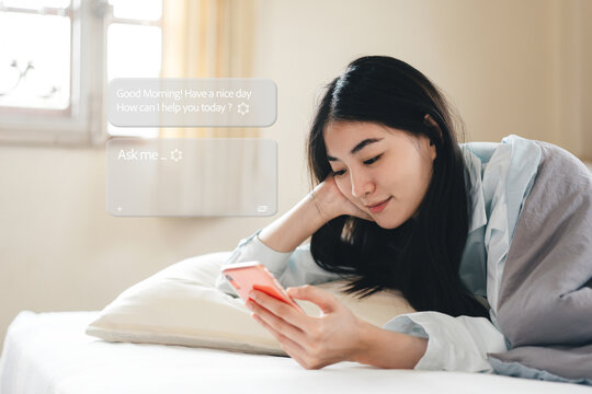 Young adult lonely woman using Ai digital therapy mental health for support in the morning