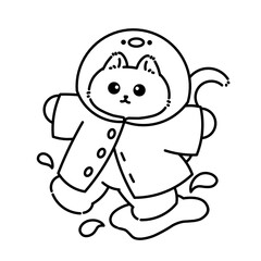 Fototapeta premium Cute cat wearing raincoat splashing in water, kawaii cartoon line art style, playful character isolated on white background, simple black outline illustration.