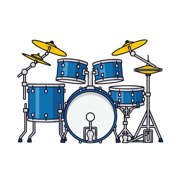 A vibrant blue drum kit set with yellow cymbals illustration.