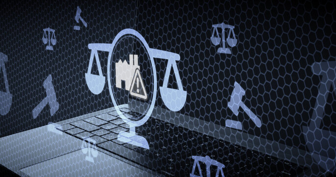 Digital legal concept with scales of justice and industrial warning sign hovering above laptop computer screen representing corporate compliance and litigation regulations