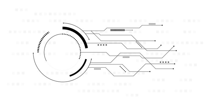 Abstract futuristic circular HUD interface with circuit lines and digital technology background