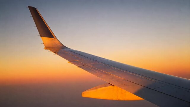 Plane liftoff aircraft ascending departure wing sunset glowing