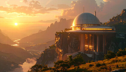Obraz premium Modern building on mountain at sunset