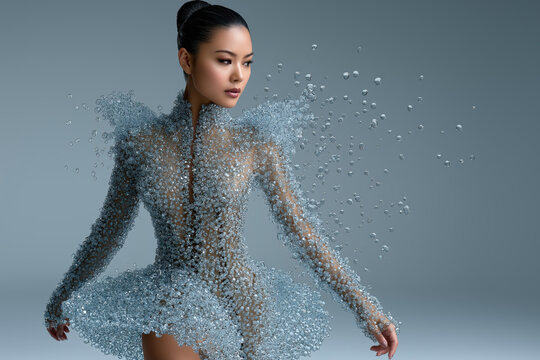 Woman in shimmering deconstructed crystal dress dissolving into water droplets