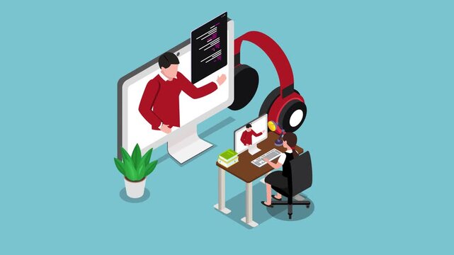 Online Education and Coding Webinar Concept with Student Learning on Computer 3d animation cartoon