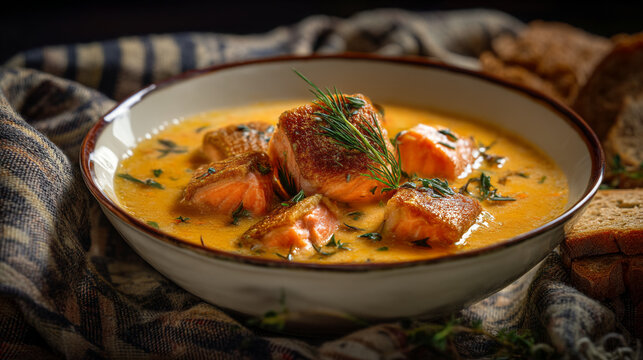 Creamy salmon chowder with pan seared fish chunks fresh dill and crusty bread in ceramic bowl