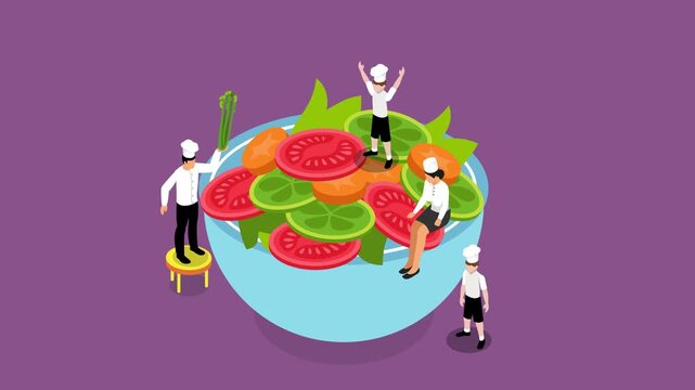 Tiny Chefs Preparing Fresh Vegetable Salad in Giant Blue Bowl 3d animation cartoon