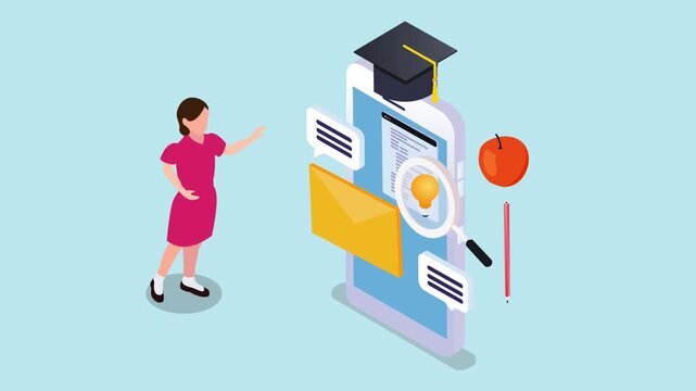 Female Student Interacting with Mobile E-Learning Platform and Educational Icons 3d animation cartoon