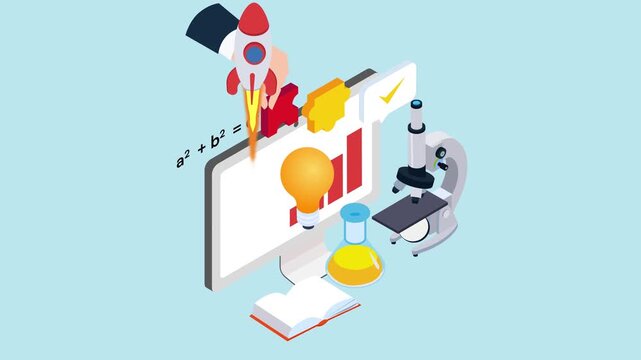 STEM Education and Innovation Concept with Science Lab Tools, Rocket, and Computer 3d animation cartoon