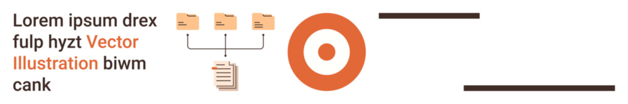 Data management, file hierarchy, goal setting, business strategy, documentation, targeting. Three folders linked to a document and an orange circular target. Data management and goal setting concepts
