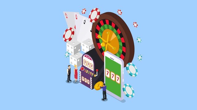 Online Casino Composition with Smartphone, Slot Machine, Roulette Wheel, Dice, and Poker Cards 3d animation cartoon