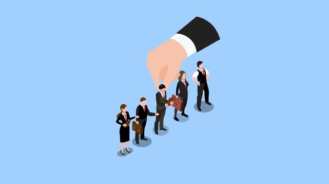 Giant Hand Choosing Candidate from Row of Business People, Isometric Recruitment and Hiring 3d animation cartoon